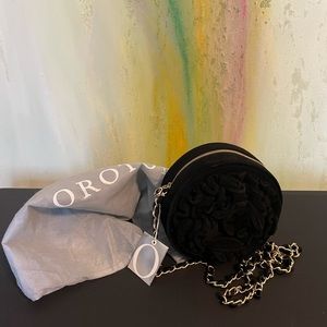 Oroton small black suede floral evening bag